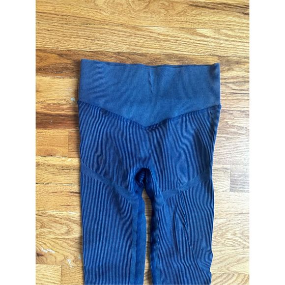 Blue Small Ribbed High Waisted Leggings Workout Lifting Leggings Gym Outfit - Picture 6 of 8